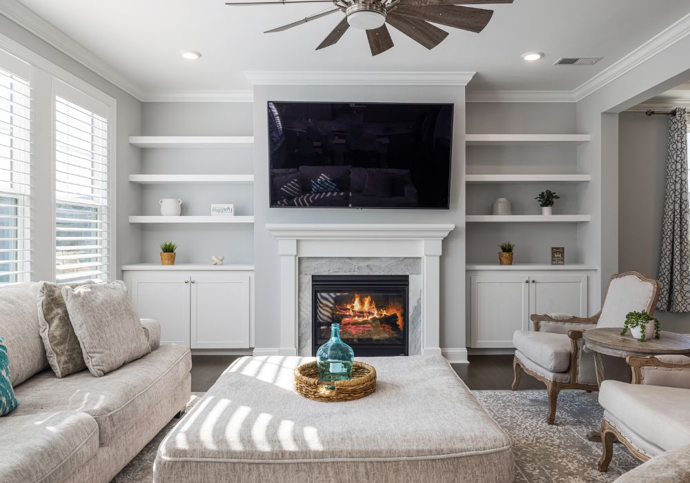 Decorate Walls On Either Side of Fireplace with shelves